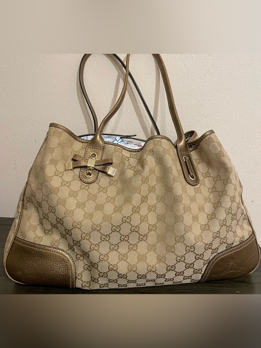 Gucci Beige GG Canvas Tote with Gold Leather Trim and Bow Accent